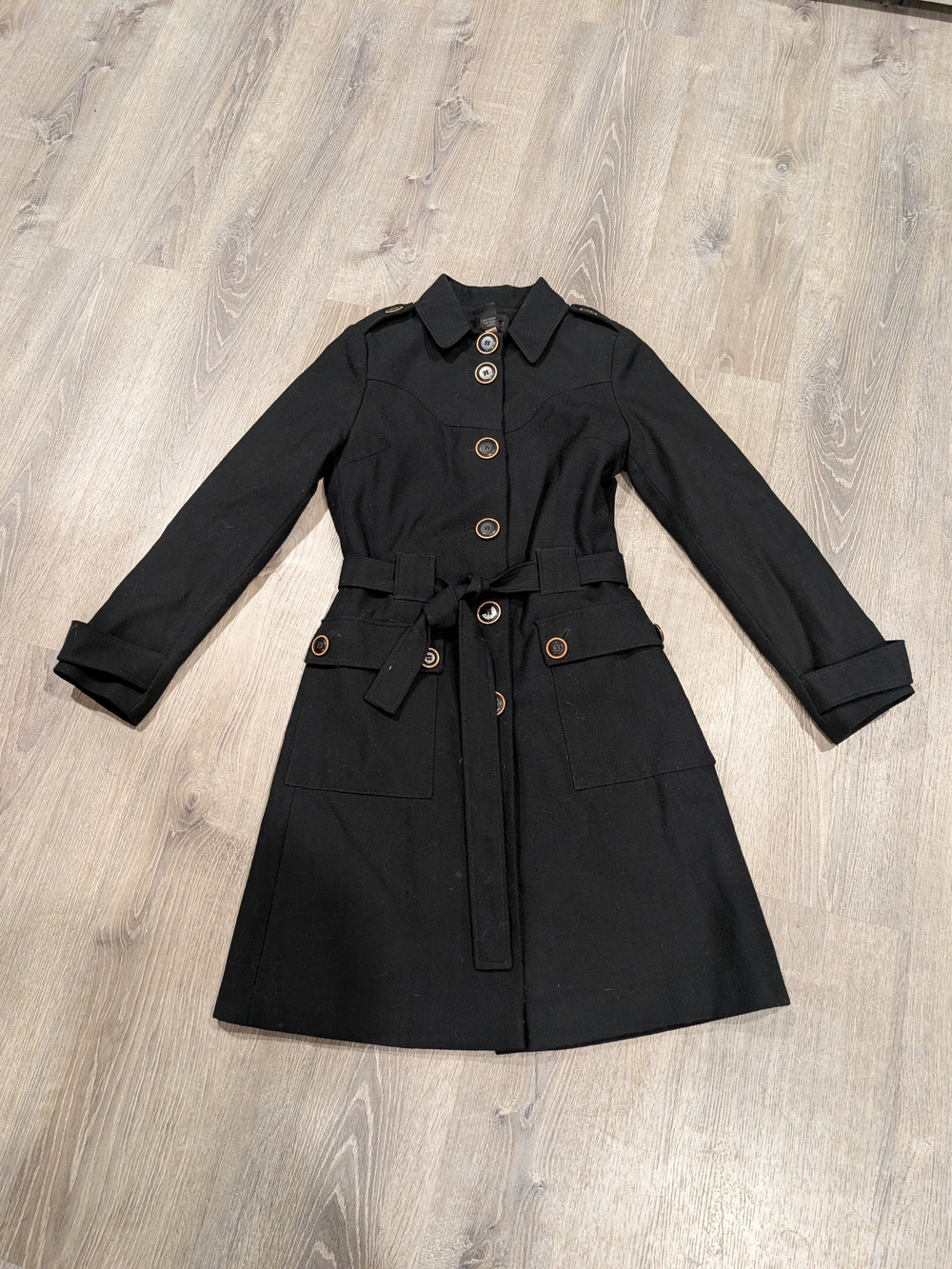 Via Spiga Black Wool Blend Belted Trench Coat Jacket Size 6 Unique Back Buttons